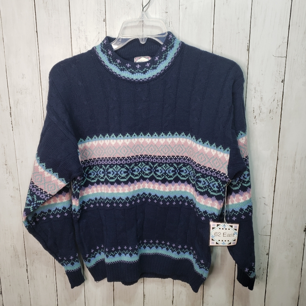 Vintage Deadstock New 62 East Blue Sweater Mock Neck Size Medium.